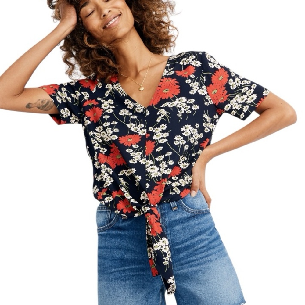 Madewell Novel Tie-Front Floral Print Top in Deep Indigo Hillside Daisies - S
